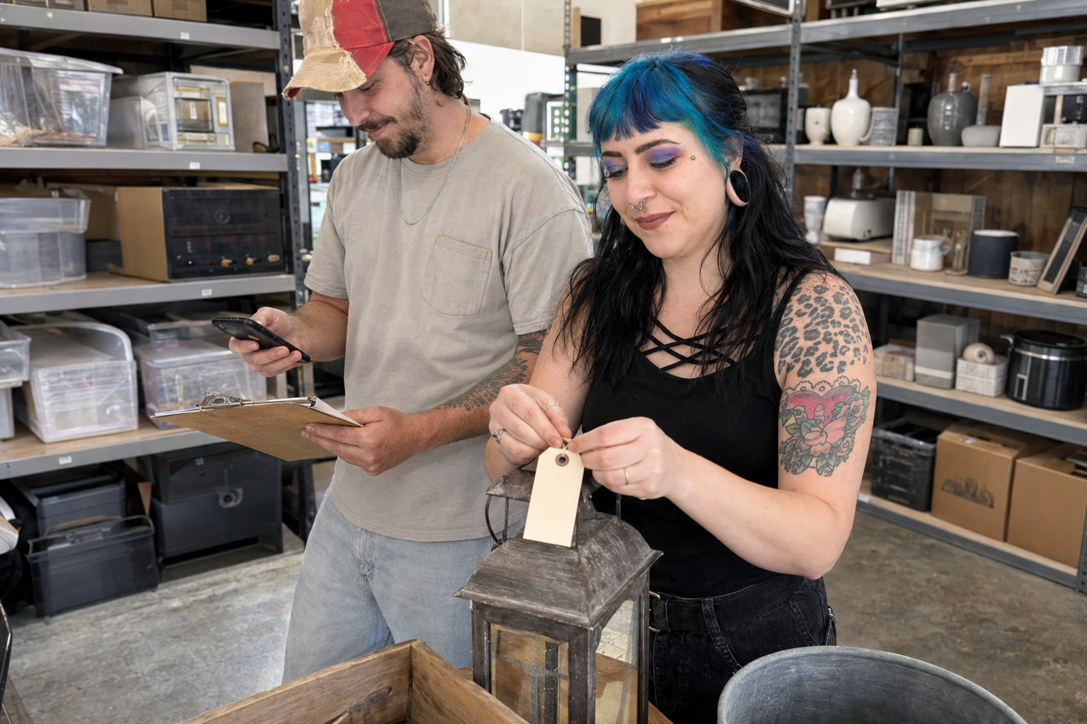 Two members of the Bauman Bounty team documenting and tagging an item in their organized workspace